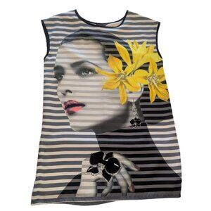 Simon Chang Graphic Art Dress Size 8 – Black White Striped Floral Face Print